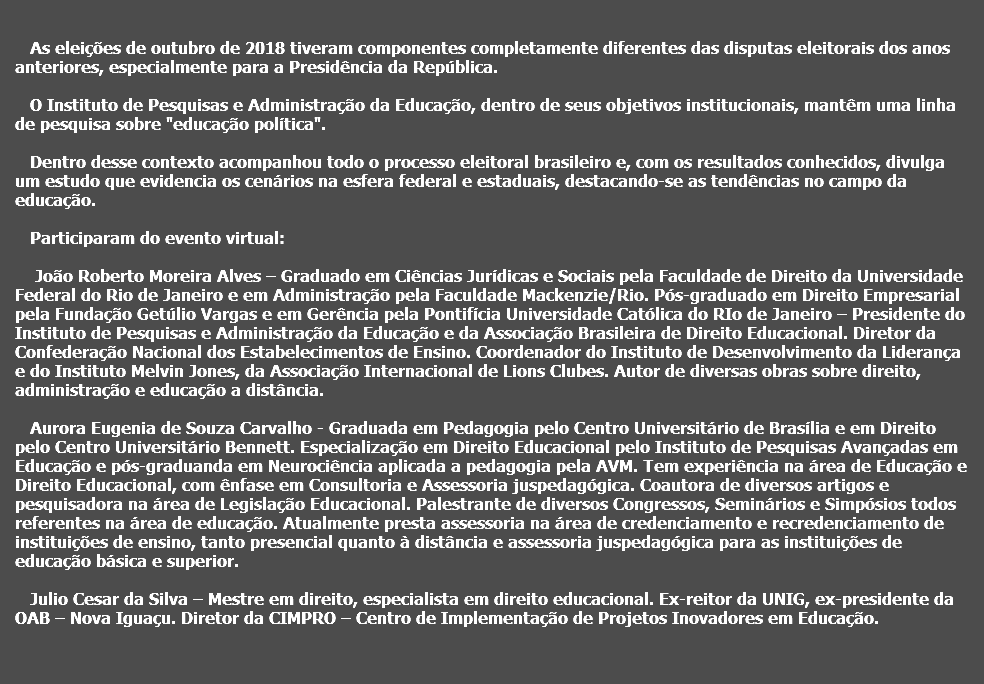  As eleições de outubro de 2018 tiveram componentes completamente diferentes das disputas eleitorais dos anos anteriores, especialmente para a Presidência da República. O Instituto de Pesquisas e Administração da Educação, dentro de seus objetivos institucionais, mantêm uma linha de pesquisa sobre "educação política". Dentro desse contexto acompanhou todo o processo eleitoral brasileiro e, com os resultados conhecidos, divulga um estudo que evidencia os cenários na esfera federal e estaduais, destacando-se as tendências no campo da educação. Participaram do evento virtual: João Roberto Moreira Alves – Graduado em Ciências Jurídicas e Sociais pela Faculdade de Direito da Universidade Federal do Rio de Janeiro e em Administração pela Faculdade Mackenzie/Rio. Pós-graduado em Direito Empresarial pela Fundação Getúlio Vargas e em Gerência pela Pontifícia Universidade Católica do RIo de Janeiro – Presidente do Instituto de Pesquisas e Administração da Educação e da Associação Brasileira de Direito Educacional. Diretor da Confederação Nacional dos Estabelecimentos de Ensino. Coordenador do Instituto de Desenvolvimento da Liderança e do Instituto Melvin Jones, da Associação Internacional de Lions Clubes. Autor de diversas obras sobre direito, administração e educação a distância. Aurora Eugenia de Souza Carvalho - Graduada em Pedagogia pelo Centro Universitário de Brasília e em Direito pelo Centro Universitário Bennett. Especialização em Direito Educacional pelo Instituto de Pesquisas Avançadas em Educação e pós-graduanda em Neurociência aplicada a pedagogia pela AVM. Tem experiência na área de Educação e Direito Educacional, com ênfase em Consultoria e Assessoria juspedagógica. Coautora de diversos artigos e pesquisadora na área de Legislação Educacional. Palestrante de diversos Congressos, Seminários e Simpósios todos referentes na área de educação. Atualmente presta assessoria na área de credenciamento e recredenciamento de instituições de ensino, tanto presencial quanto à distância e assessoria juspedagógica para as instituições de educação básica e superior. Julio Cesar da Silva – Mestre em direito, especialista em direito educacional. Ex-reitor da UNIG, ex-presidente da OAB – Nova Iguaçu. Diretor da CIMPRO – Centro de Implementação de Projetos Inovadores em Educação. 
